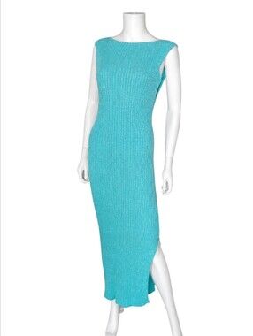 ANNA QUAN | Drew Rib Knit Bodycon Midi Dress Left Slit Blue US 12